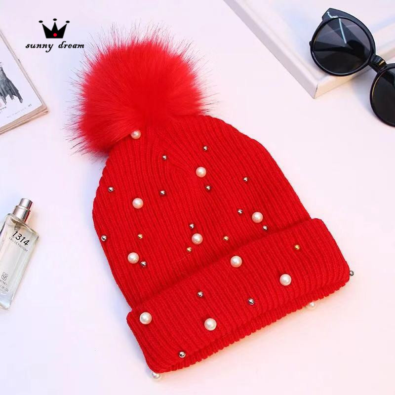 H00007 Pearl Imitation Fox Fur Ball Naisten neulottu hattu