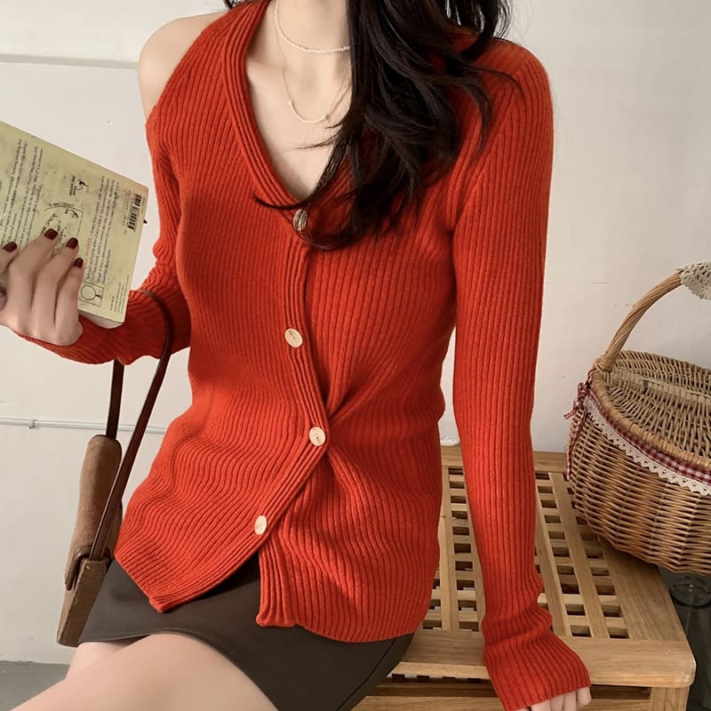 SM-K0022 V-pääntie olkapäiden ulkopuolella ohut ja niche-muotoinen pitkähihainen neuletakki SM-K0022 V-pääntie olkapäiden ulkopuolella ohut ja niche-muotoinen pitkähihainen neuletakki