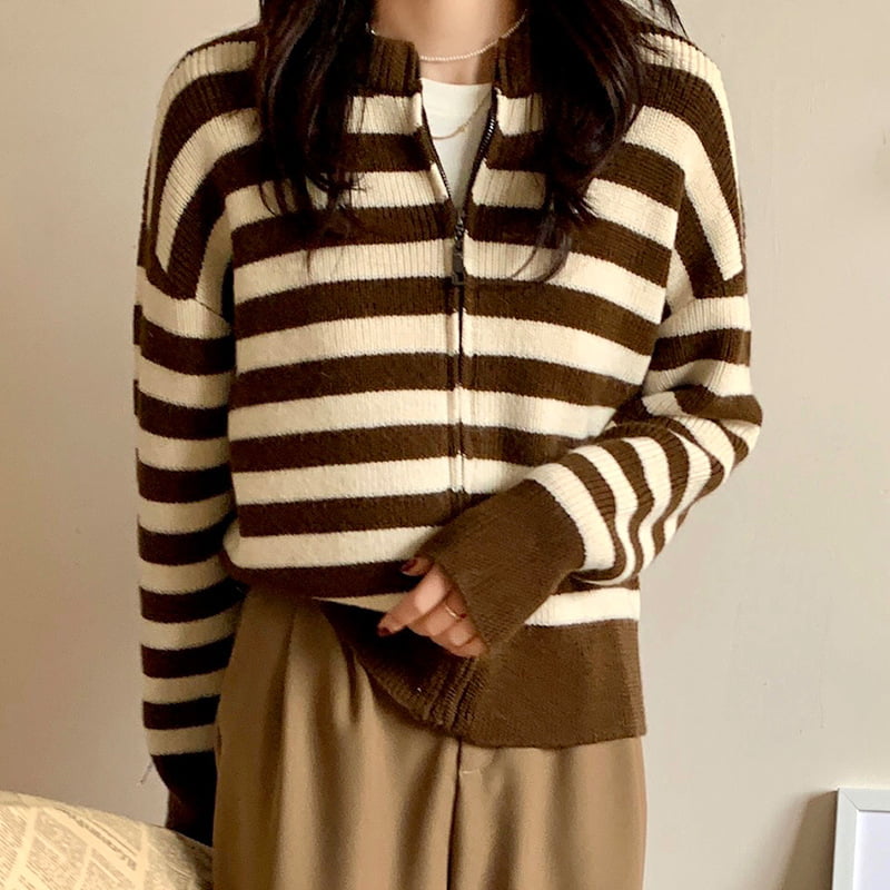 SM-K0029 kevät naisten pyöreäpääntiepusero, raidallinen vetoketjullinen villapaita neulottu neuletakki SM-K0029 kevät naisten pyöreäpääntiepusero, raidallinen vetoketjullinen villapaita neulottu neuletakki