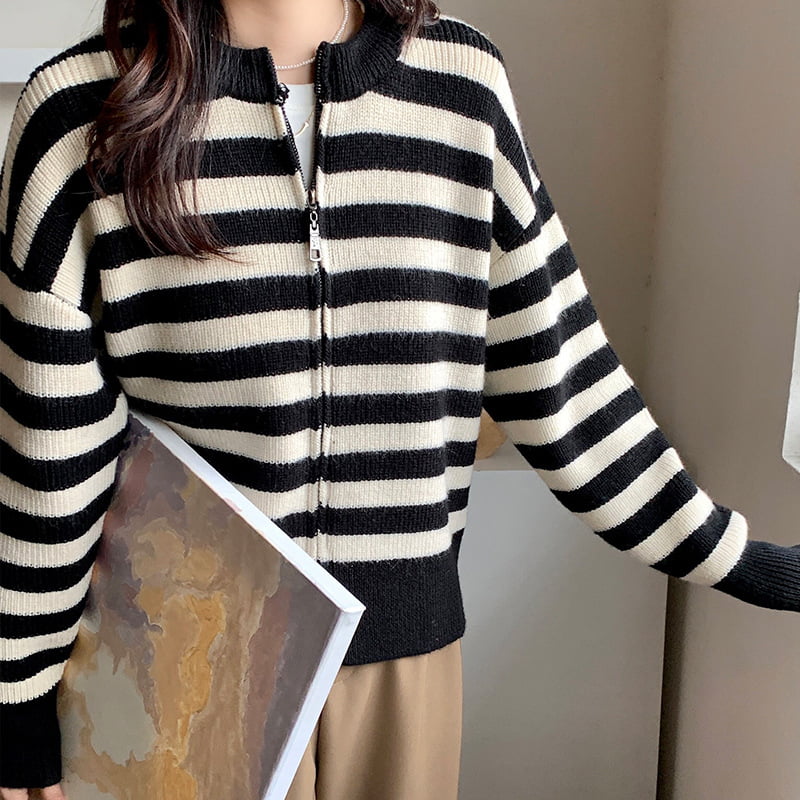 SM-K0029 kevät naisten pyöreäpääntiepusero, raidallinen vetoketjullinen villapaita neulottu neuletakki SM-K0029 kevät naisten pyöreäpääntiepusero, raidallinen vetoketjullinen villapaita neulottu neuletakki