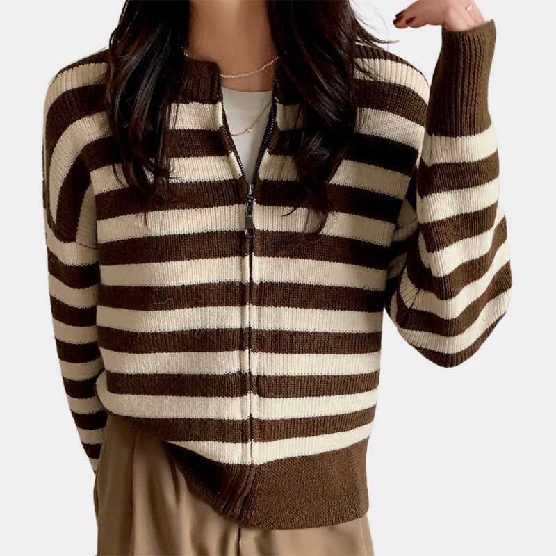 SM-K0029 kevät naisten pyöreäpääntiepusero, raidallinen vetoketjullinen villapaita neulottu neuletakki SM-K0029 kevät naisten pyöreäpääntiepusero, raidallinen vetoketjullinen villapaita neulottu neuletakki