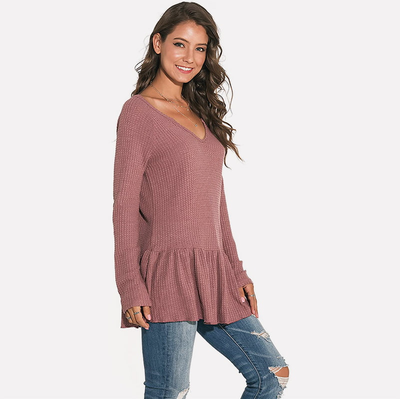 SM-K0096 V-pääntie röyhelöinen pitkä neulepusero rento villapaita SM-K0096 V-pääntie röyhelöinen pitkä neulepusero rento villapaita