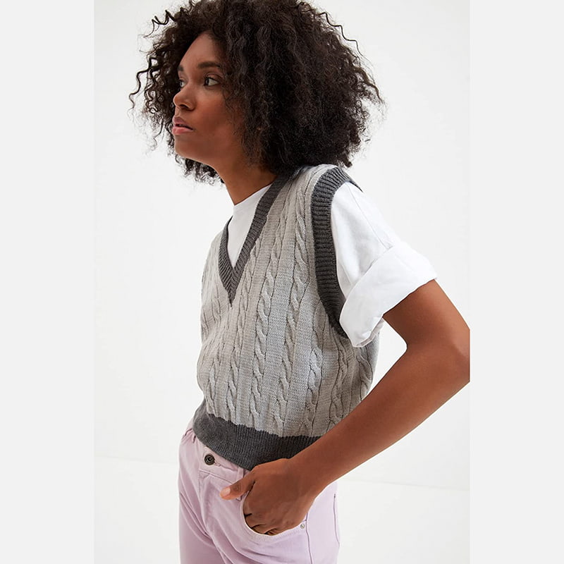 SM-K0100 Hieno kontrastivärinen V-pääntie neulottu liivi SM-K0100 Hieno kontrastivärinen V-pääntie neulottu liivi