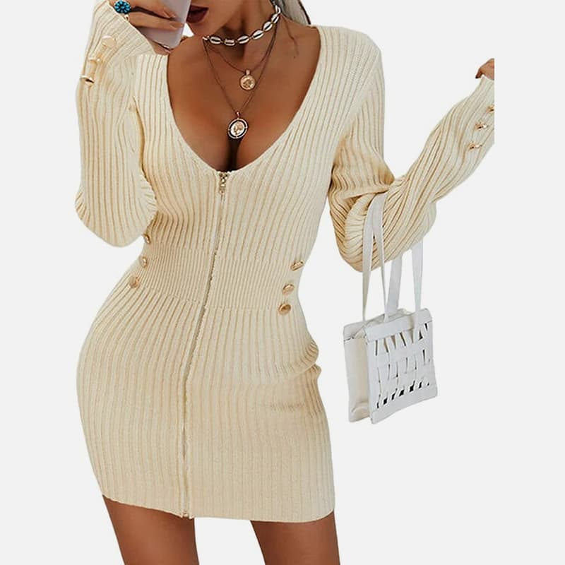 SM-K0078 V-pääntie, pitkähihainen vetoketjullinen lyhyt ohut neulemekko SM-K0078 V-pääntie, pitkähihainen vetoketjullinen lyhyt ohut neulemekko