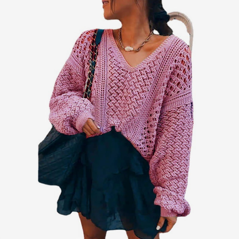 SM-K0082 Yksivärinen V-pääntie ontto neulepusero neulepusero SM-K0082 Yksivärinen V-pääntie ontto neulepusero neulepusero