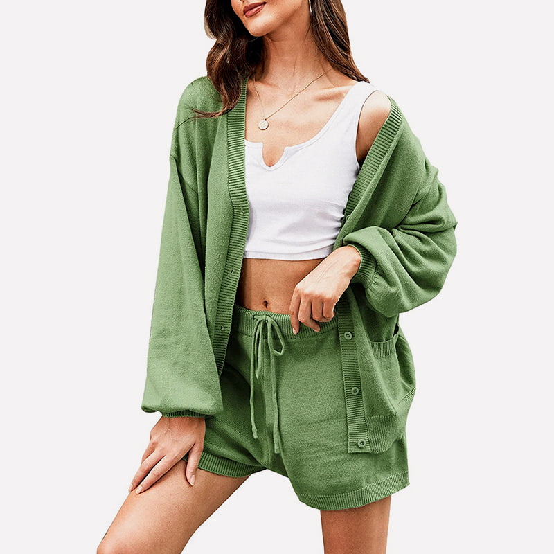 SM-K0092 V-kaula Temperament Lantern Sleeve Shortsit Takki Neulottu Puku