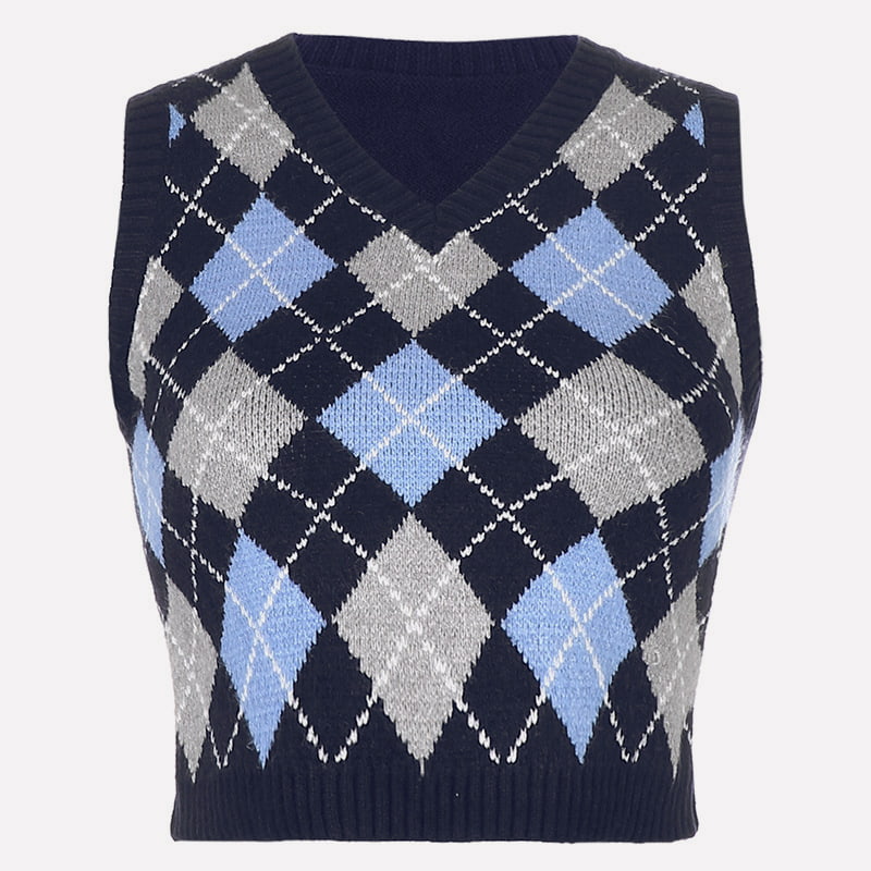 SM-K0058 V-pääntie, lyhyt neulottu liivi, geometrinen ruutukuvio SM-K0058 V-pääntie, lyhyt neulottu liivi, geometrinen ruutukuvio