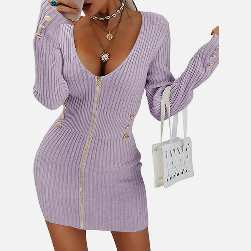 SM-K0078 V-pääntie, pitkähihainen vetoketjullinen lyhyt ohut neulemekko SM-K0078 V-pääntie, pitkähihainen vetoketjullinen lyhyt ohut neulemekko