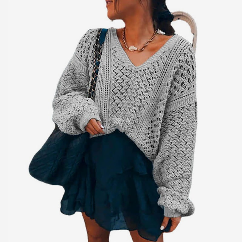 SM-K0082 Yksivärinen V-pääntie ontto neulepusero neulepusero SM-K0082 Yksivärinen V-pääntie ontto neulepusero neulepusero