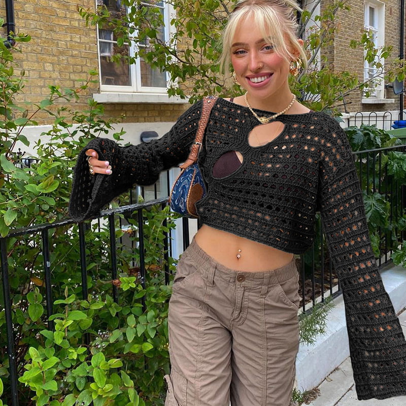 SM-K0084 Ontto sarvihihainen neulottu lyhyt päällysvaatteet neulottu neulepusero SM-K0084 Ontto sarvihihainen neulottu lyhyt päällysvaatteet neulottu neulepusero