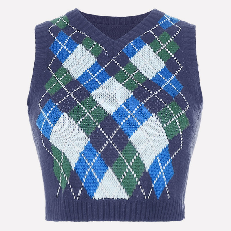 SM-K0058 V-pääntie, lyhyt neulottu liivi, geometrinen ruutukuvio SM-K0058 V-pääntie, lyhyt neulottu liivi, geometrinen ruutukuvio