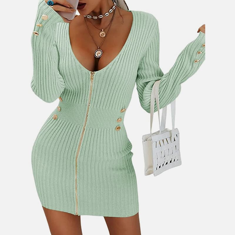 SM-K0078 V-pääntie, pitkähihainen vetoketjullinen lyhyt ohut neulemekko SM-K0078 V-pääntie, pitkähihainen vetoketjullinen lyhyt ohut neulemekko