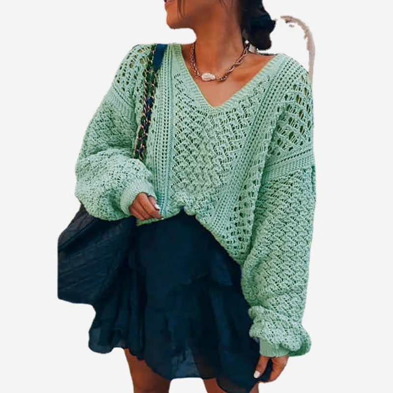 SM-K0082 Yksivärinen V-pääntie ontto neulepusero neulepusero SM-K0082 Yksivärinen V-pääntie ontto neulepusero neulepusero