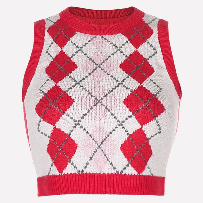 SM-K0058 V-pääntie, lyhyt neulottu liivi, geometrinen ruutukuvio SM-K0058 V-pääntie, lyhyt neulottu liivi, geometrinen ruutukuvio