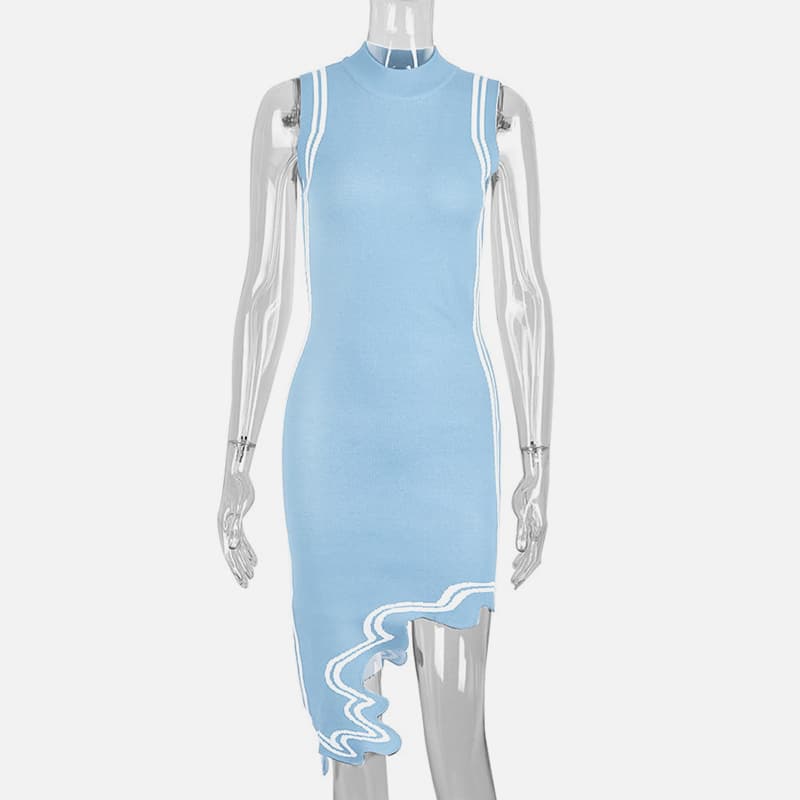 SM-K0079 hihaton pyöreä kaula epäsäännöllinen raidallinen epäsymmetrinen neulemekko SM-K0079 hihaton pyöreä kaula epäsäännöllinen raidallinen epäsymmetrinen neulemekko