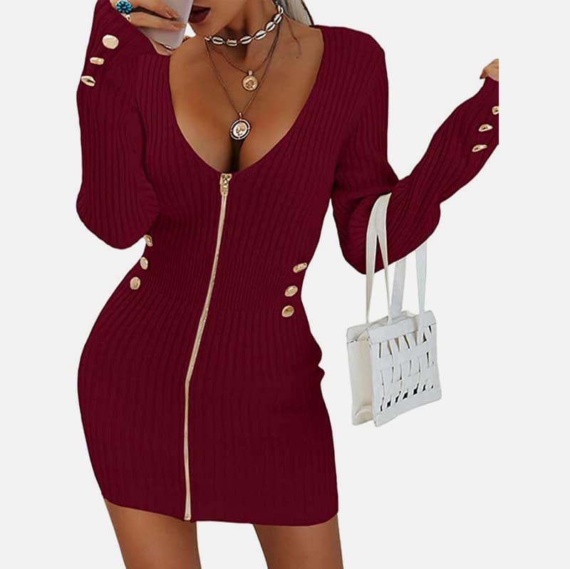 SM-K0078 V-pääntie, pitkähihainen vetoketjullinen lyhyt ohut neulemekko SM-K0078 V-pääntie, pitkähihainen vetoketjullinen lyhyt ohut neulemekko