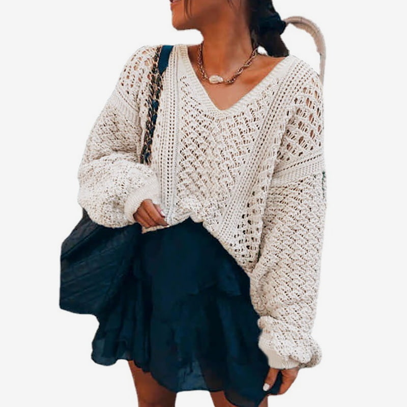 SM-K0082 Yksivärinen V-pääntie ontto neulepusero neulepusero SM-K0082 Yksivärinen V-pääntie ontto neulepusero neulepusero