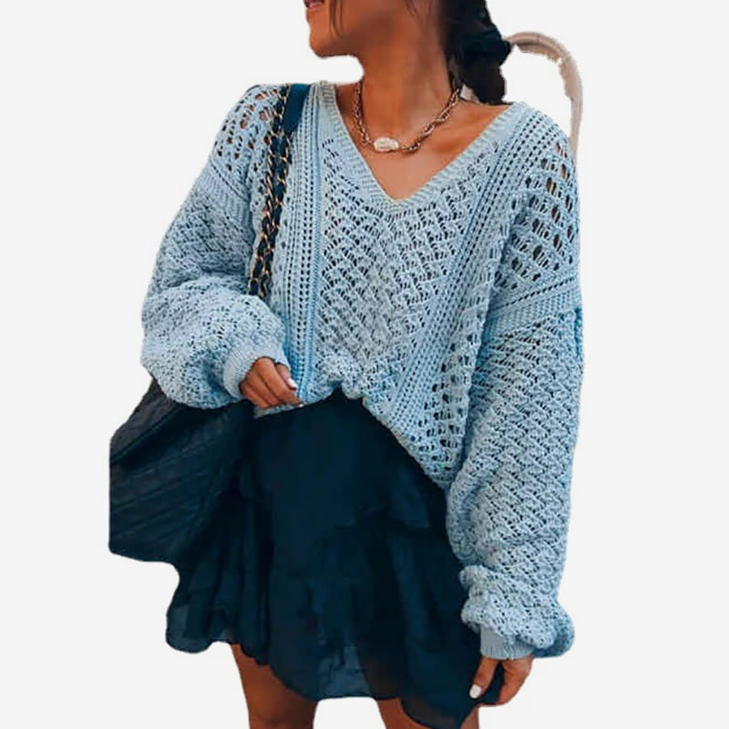 SM-K0082 Yksivärinen V-pääntie ontto neulepusero neulepusero SM-K0082 Yksivärinen V-pääntie ontto neulepusero neulepusero