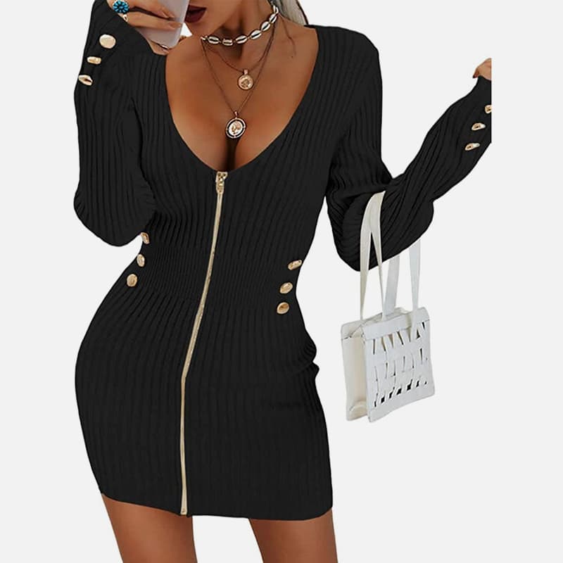 SM-K0078 V-pääntie, pitkähihainen vetoketjullinen lyhyt ohut neulemekko SM-K0078 V-pääntie, pitkähihainen vetoketjullinen lyhyt ohut neulemekko