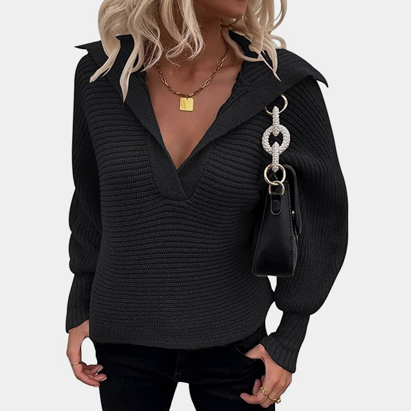 SM-K0075 V-kaula lyhty, pitkähihainen, kiinteä neulottu neulepusero SM-K0075 V-kaula lyhty, pitkähihainen, kiinteä neulottu neulepusero