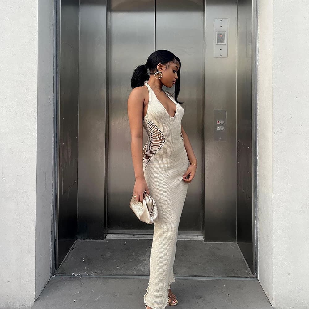 SM-K0073 V-kaula-aukkoinen, hihaton vyötärö, yksivärinen halterneulosmekko SM-K0073 V-kaula-aukkoinen, hihaton vyötärö, yksivärinen halterneulosmekko