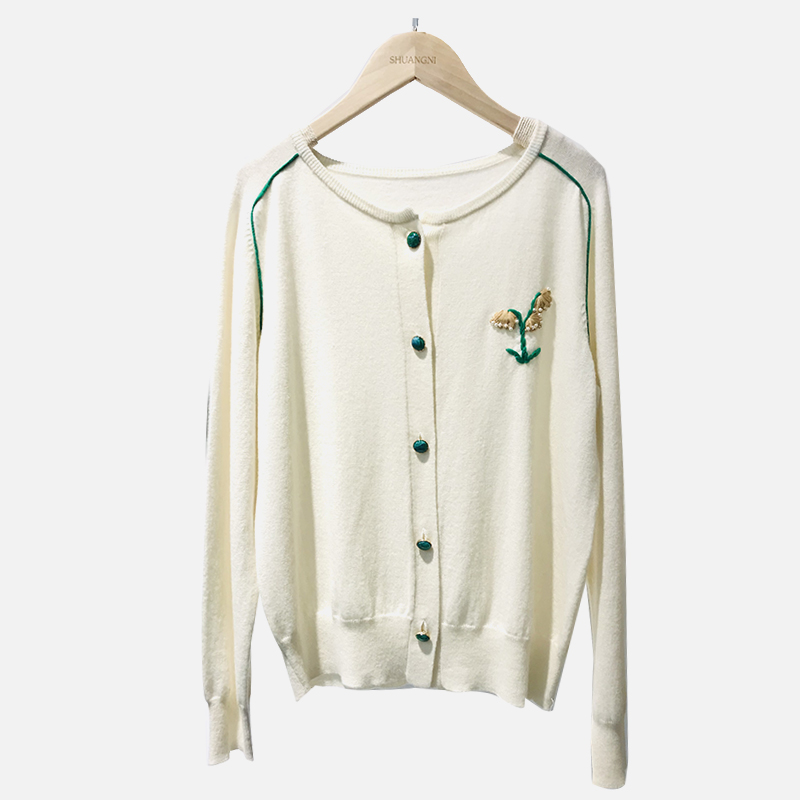 SNS076 Valkoinen pieni keltainen kukkakuvio College Style Crew Neck -neuletakki